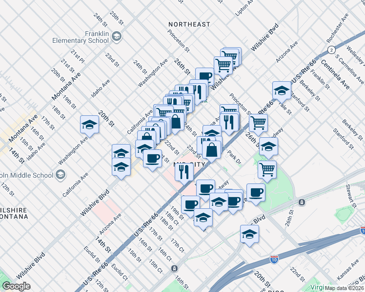 map of restaurants, bars, coffee shops, grocery stores, and more near 1303 23rd Street in Santa Monica