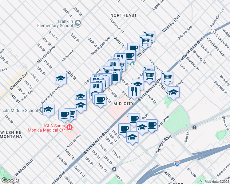 map of restaurants, bars, coffee shops, grocery stores, and more near 1233 22nd Street in Santa Monica