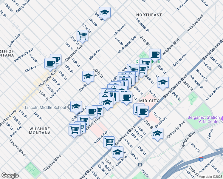 map of restaurants, bars, coffee shops, grocery stores, and more near 1107 19th Street in Santa Monica