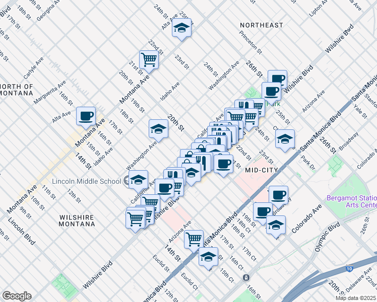 map of restaurants, bars, coffee shops, grocery stores, and more near 1107 19th Street in Santa Monica