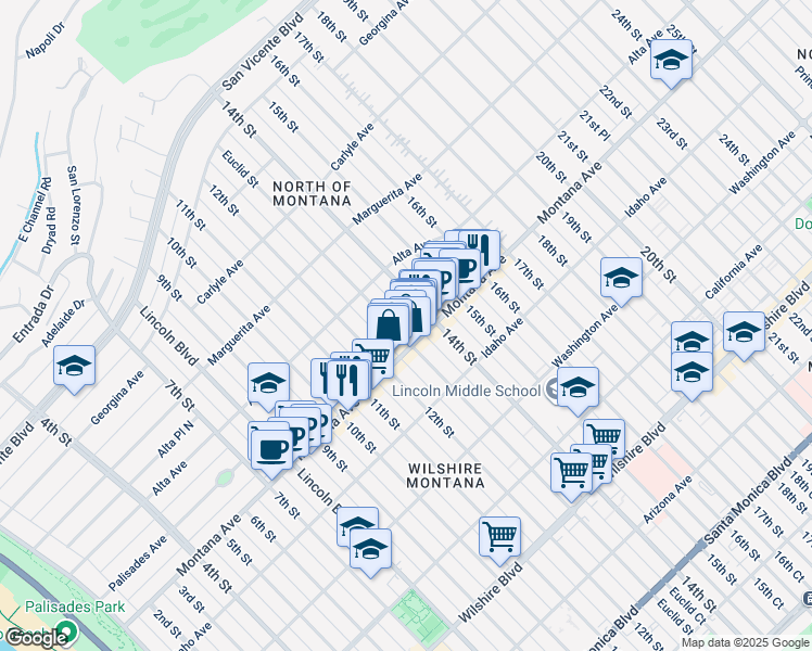 map of restaurants, bars, coffee shops, grocery stores, and more near 714 Euclid Street in Santa Monica