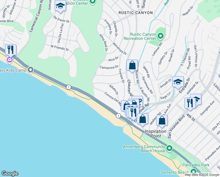 map of restaurants, bars, coffee shops, grocery stores, and more near 15001 Corona Del Mar in Los Angeles