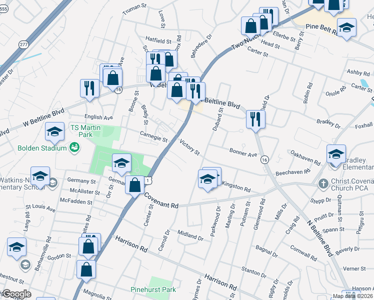 map of restaurants, bars, coffee shops, grocery stores, and more near 1533 Victory Street in Columbia