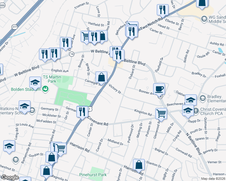 map of restaurants, bars, coffee shops, grocery stores, and more near 1533 Victory Street in Columbia