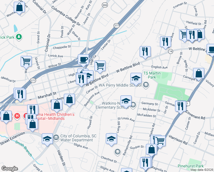 map of restaurants, bars, coffee shops, grocery stores, and more near 3541 Beaumont Avenue in Columbia