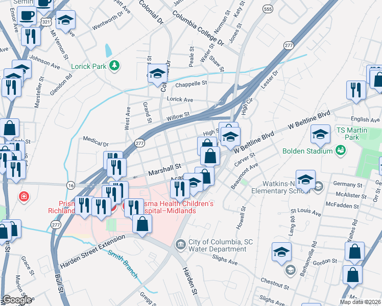 map of restaurants, bars, coffee shops, grocery stores, and more near 2200 Liberty Street in Columbia