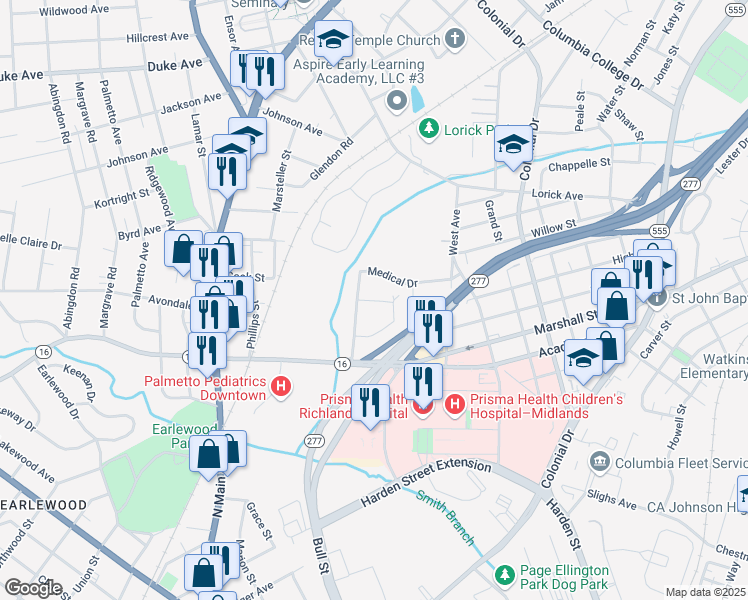 map of restaurants, bars, coffee shops, grocery stores, and more near 3518 Medical Drive in Columbia