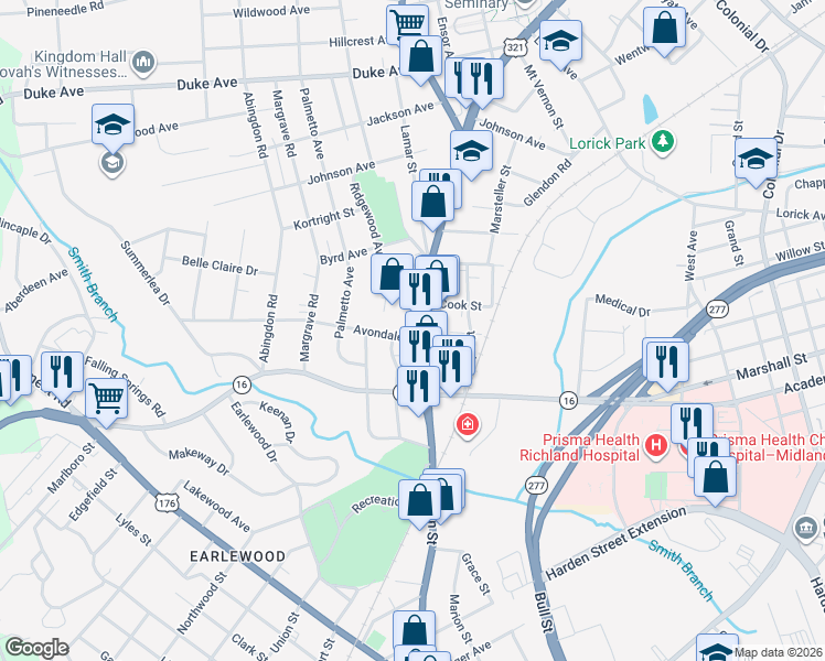 map of restaurants, bars, coffee shops, grocery stores, and more near 3426 Elmhurst Road in Columbia
