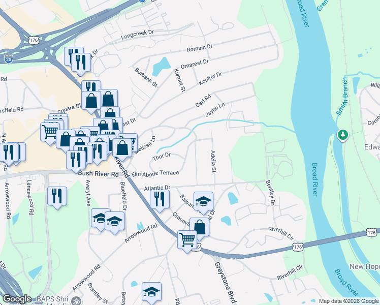 map of restaurants, bars, coffee shops, grocery stores, and more near 1457 Mangum Street in Columbia