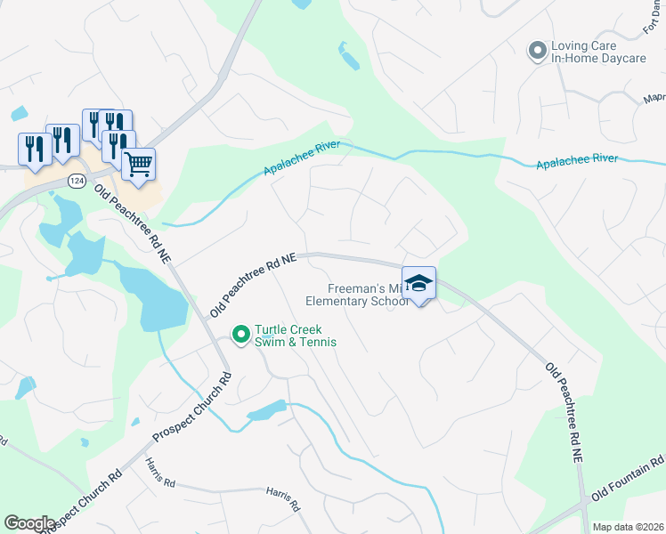map of restaurants, bars, coffee shops, grocery stores, and more near 1615 Peachcrest Drive in Lawrenceville