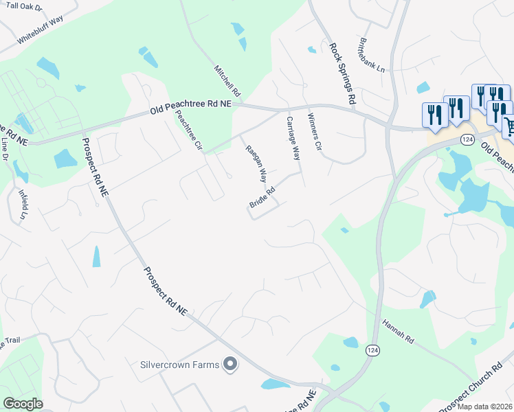 map of restaurants, bars, coffee shops, grocery stores, and more near 1891 Bridle Road in Lawrenceville