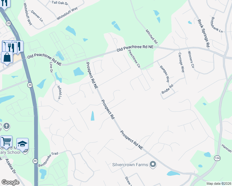 map of restaurants, bars, coffee shops, grocery stores, and more near 1420 Barrett Place Lane Northeast in Lawrenceville