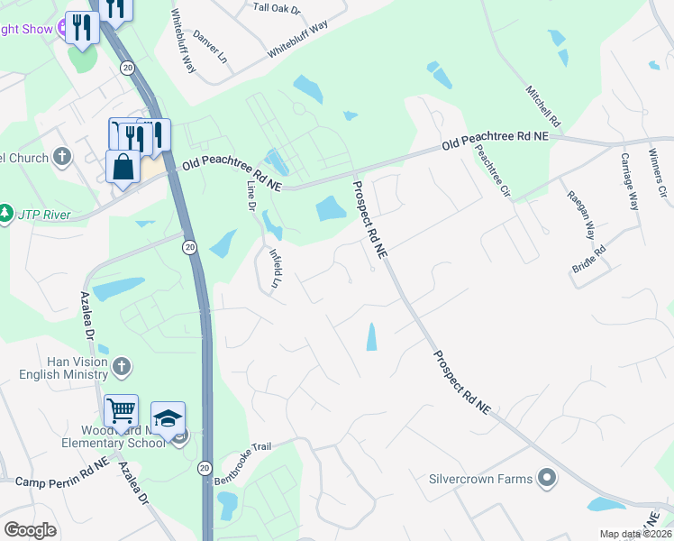 map of restaurants, bars, coffee shops, grocery stores, and more near 1180 Prospect Mill Drive in Lawrenceville