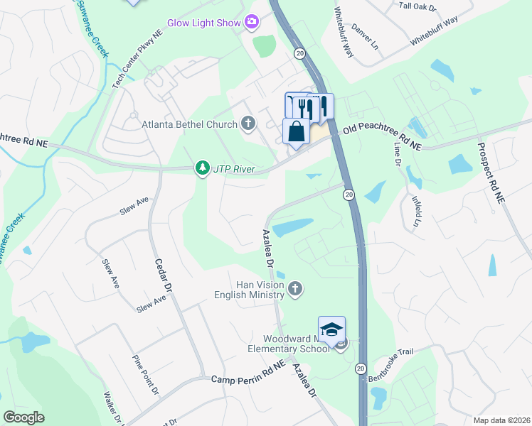 map of restaurants, bars, coffee shops, grocery stores, and more near 2264 Azalea Drive in Lawrenceville