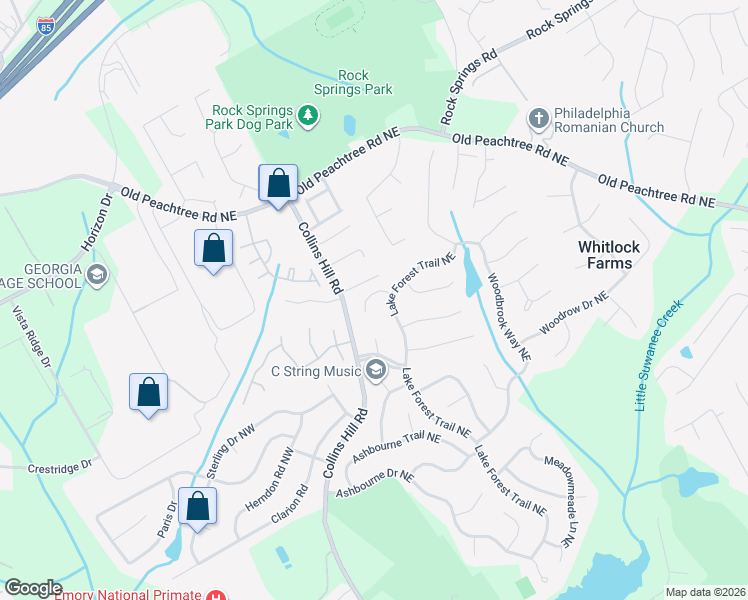 map of restaurants, bars, coffee shops, grocery stores, and more near 2678 Lake Forest Trail Northeast in Lawrenceville