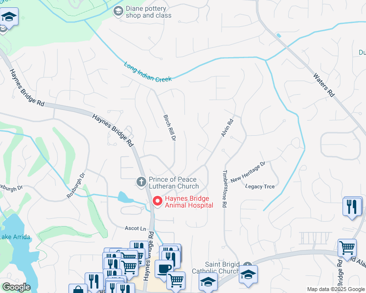 map of restaurants, bars, coffee shops, grocery stores, and more near 214 Birch Rill Drive in Alpharetta