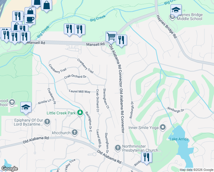 map of restaurants, bars, coffee shops, grocery stores, and more near 515 Sheringham Court in Roswell