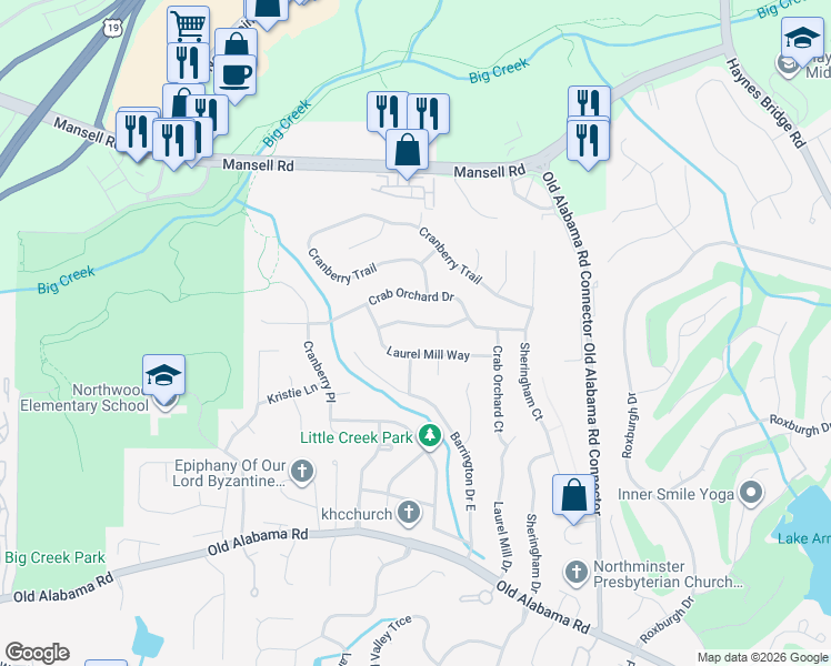 map of restaurants, bars, coffee shops, grocery stores, and more near 270 Crab Orchard Way in Roswell