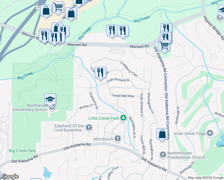 map of restaurants, bars, coffee shops, grocery stores, and more near 2085 Laurel Mill Way in Roswell