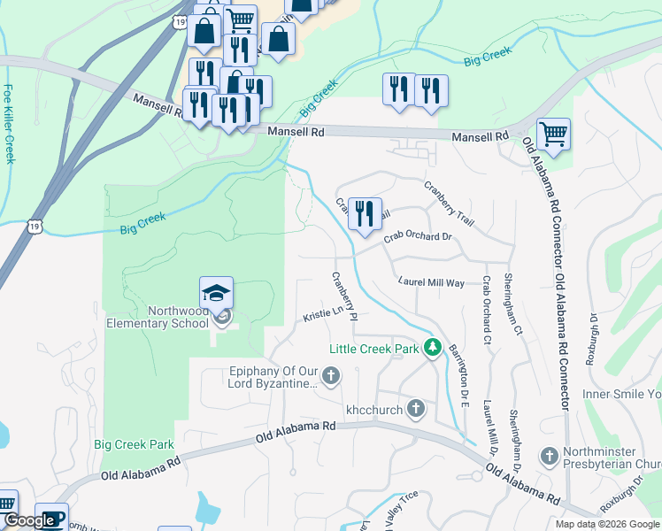 map of restaurants, bars, coffee shops, grocery stores, and more near 910 Crab Orchard Drive in Roswell