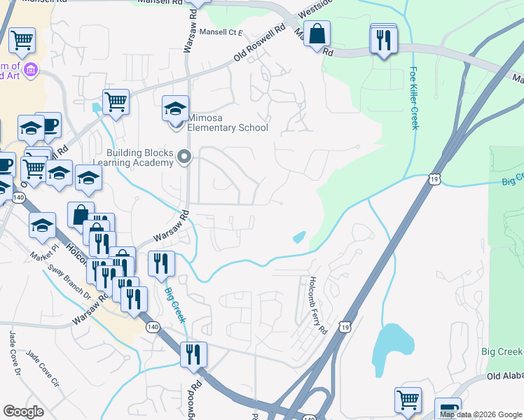 map of restaurants, bars, coffee shops, grocery stores, and more near 1275 Mission Hills Court in Roswell