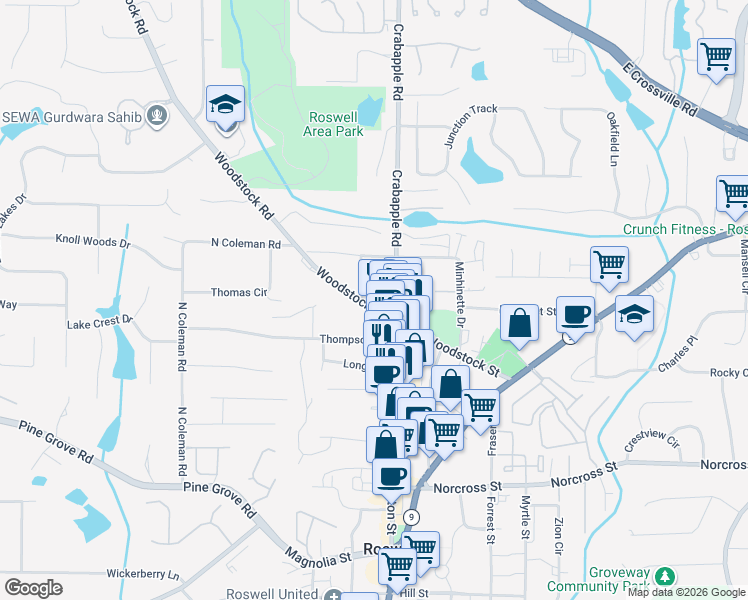 map of restaurants, bars, coffee shops, grocery stores, and more near 56 Woodstock Road in Roswell