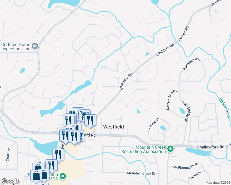 map of restaurants, bars, coffee shops, grocery stores, and more near 3393 Childers Road in Roswell