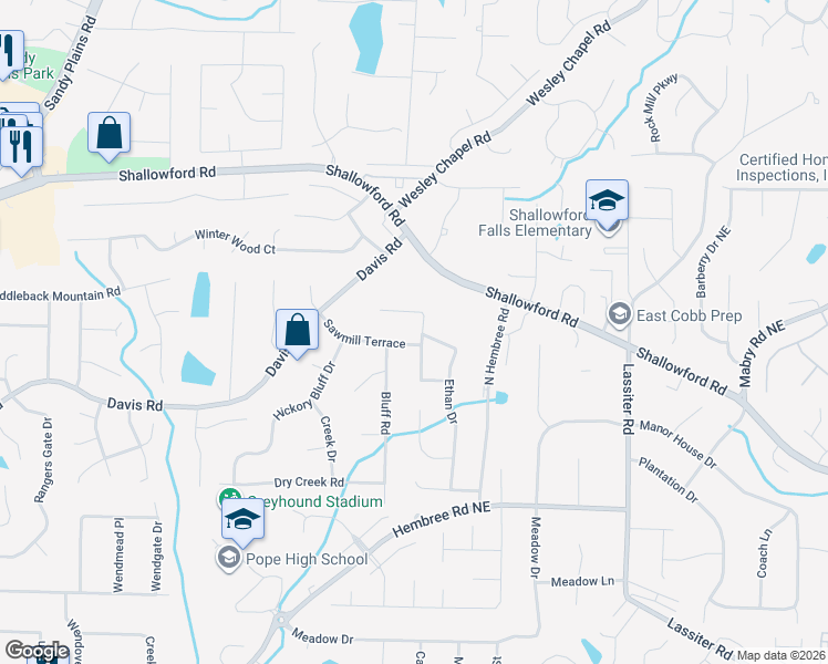 map of restaurants, bars, coffee shops, grocery stores, and more near 3335 Emory Drive in Marietta