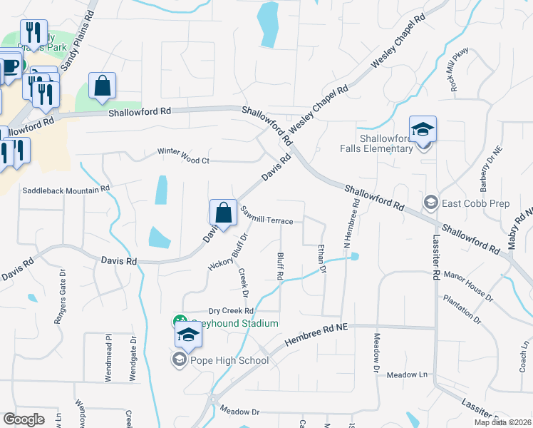 map of restaurants, bars, coffee shops, grocery stores, and more near 3599 Sawmill Terrace in Marietta