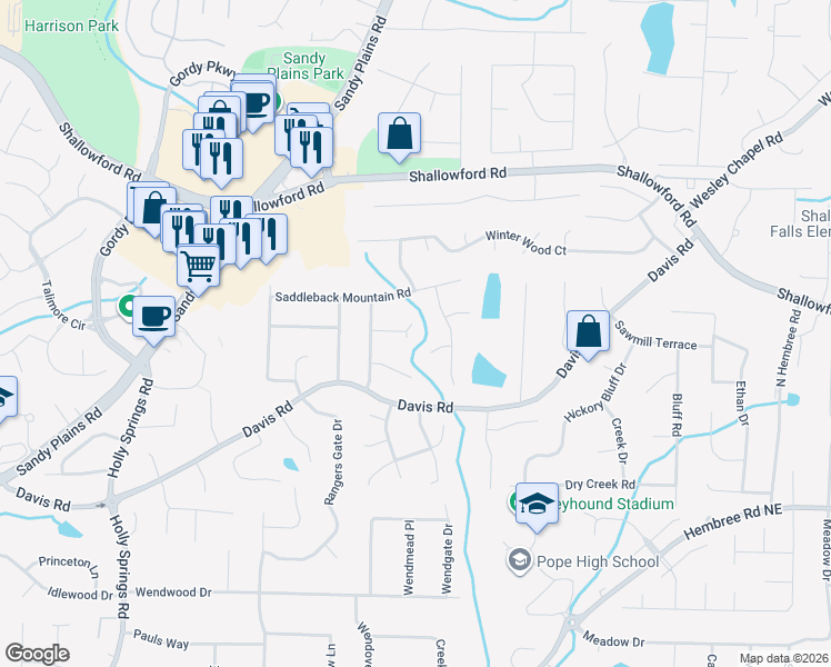 map of restaurants, bars, coffee shops, grocery stores, and more near 3223 Woodleaf Court in Marietta