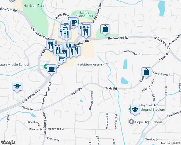 map of restaurants, bars, coffee shops, grocery stores, and more near 3066 Whisper Knob Road in Marietta