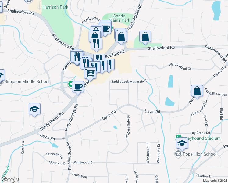 map of restaurants, bars, coffee shops, grocery stores, and more near 3344 Hunters Lodge Road in Marietta