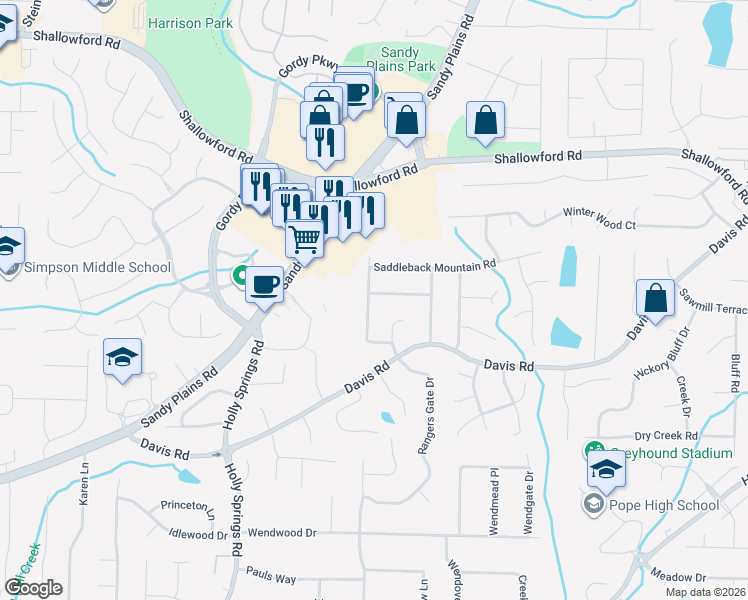 map of restaurants, bars, coffee shops, grocery stores, and more near 3344 Hunters Lodge Road in Marietta