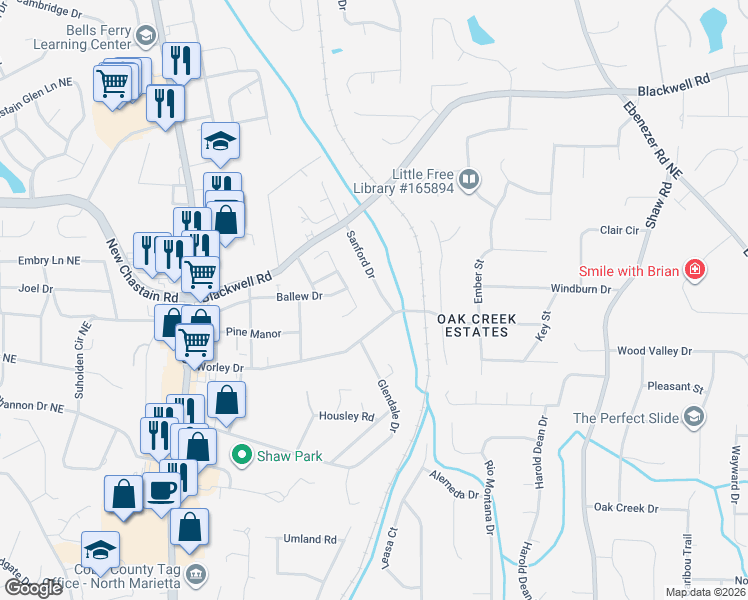 map of restaurants, bars, coffee shops, grocery stores, and more near 3339 Sanford Drive in Marietta
