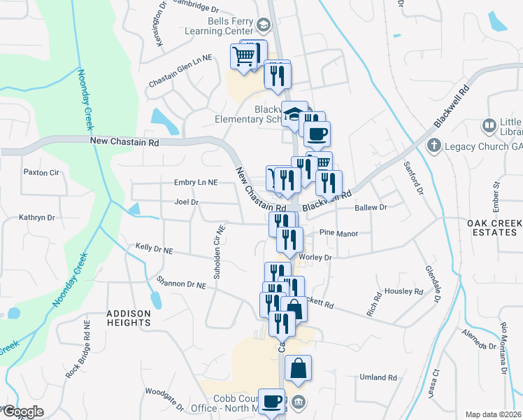map of restaurants, bars, coffee shops, grocery stores, and more near 3315 Hilltop Drive in Marietta