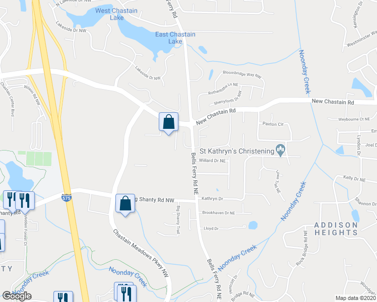 map of restaurants, bars, coffee shops, grocery stores, and more near 3301 Chastain Landings Court in Marietta