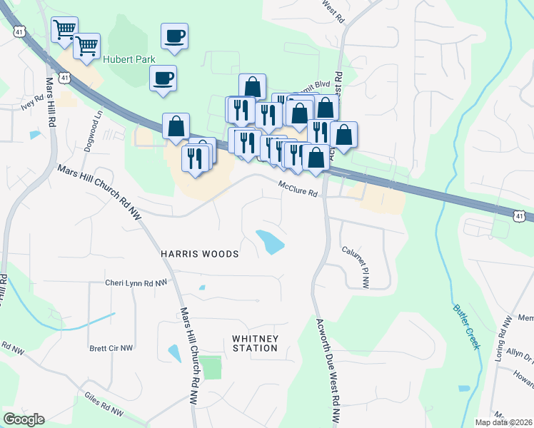 map of restaurants, bars, coffee shops, grocery stores, and more near 4378 Sail Winds Court Northwest in Acworth