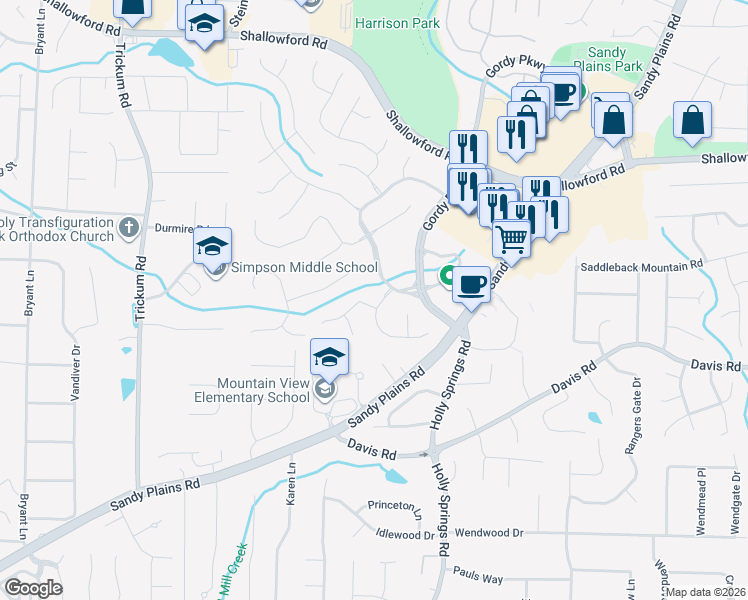 map of restaurants, bars, coffee shops, grocery stores, and more near 2759 Thomashire Trce in Marietta
