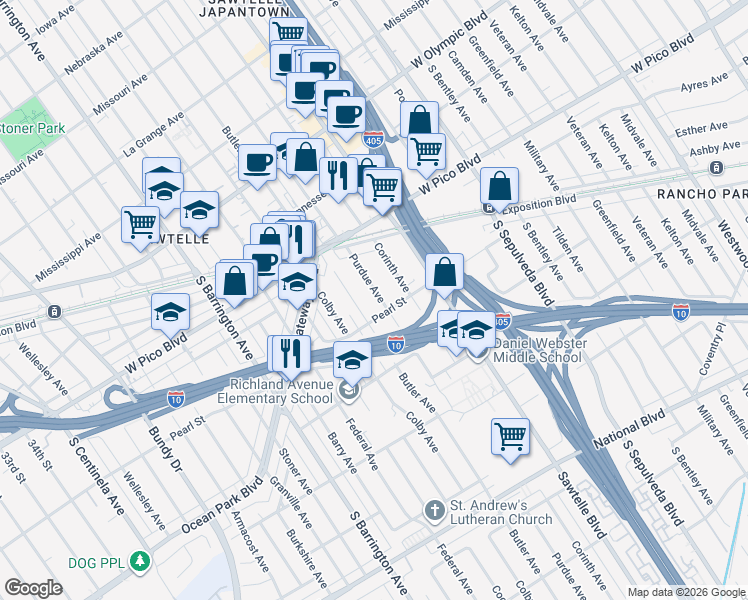 map of restaurants, bars, coffee shops, grocery stores, and more near 2491 Purdue Avenue in Los Angeles