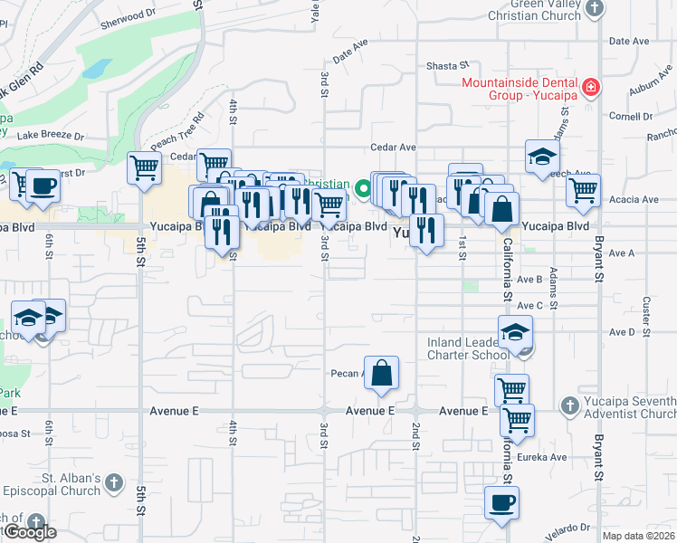 map of restaurants, bars, coffee shops, grocery stores, and more near 12177 3rd Street in Yucaipa