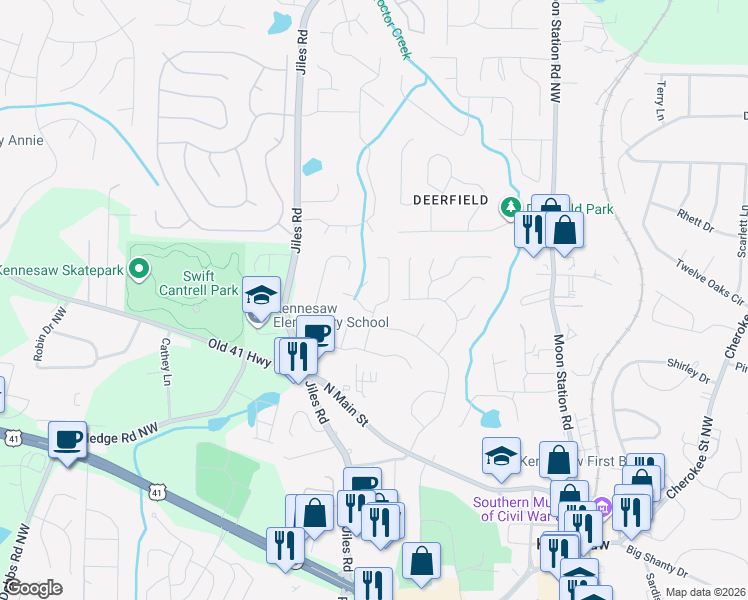 map of restaurants, bars, coffee shops, grocery stores, and more near 1157 Mountain Springs Drive in Kennesaw