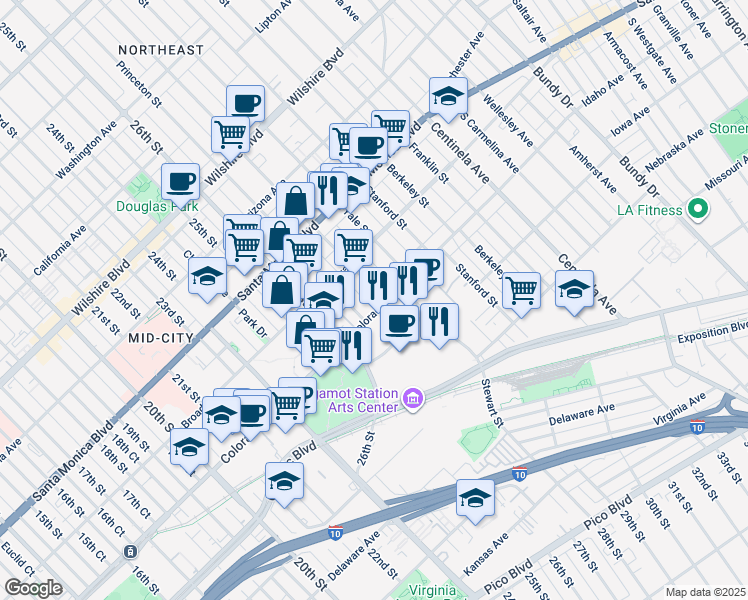 map of restaurants, bars, coffee shops, grocery stores, and more near 1552 Harvard Street in Santa Monica