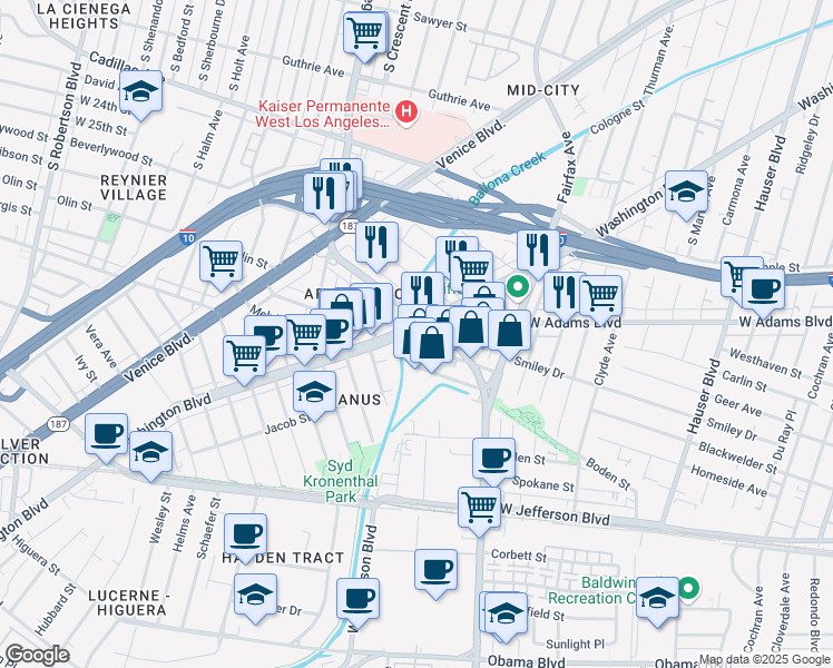 map of restaurants, bars, coffee shops, grocery stores, and more near 5905 Smiley Drive in Culver City