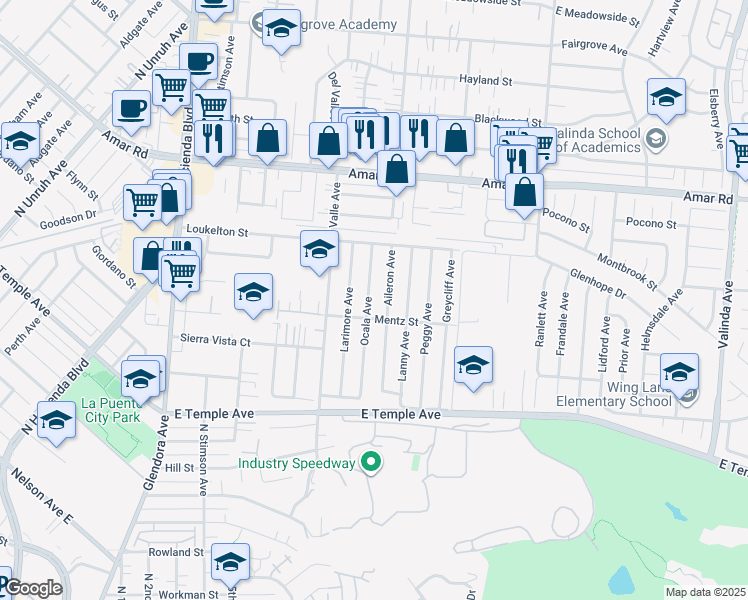 map of restaurants, bars, coffee shops, grocery stores, and more near 758 Ocala Avenue in La Puente