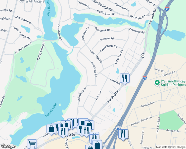 map of restaurants, bars, coffee shops, grocery stores, and more near 5909 Woodvine Road in Columbia
