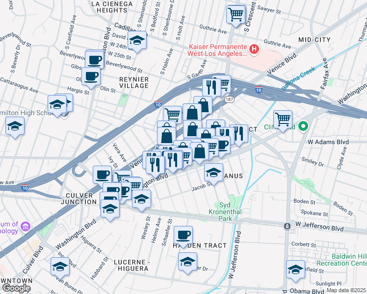 map of restaurants, bars, coffee shops, grocery stores, and more near 3233 Fay Avenue in Los Angeles