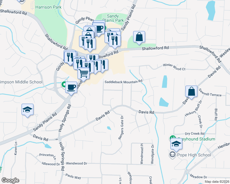 map of restaurants, bars, coffee shops, grocery stores, and more near 3066 Whisper Knob Road in Marietta