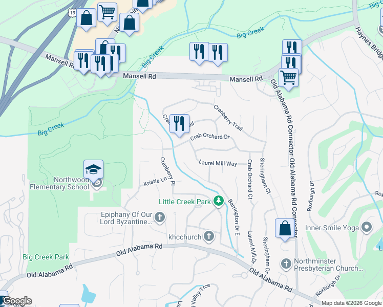 map of restaurants, bars, coffee shops, grocery stores, and more near 2085 Laurel Mill Way in Roswell