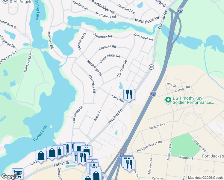 map of restaurants, bars, coffee shops, grocery stores, and more near 4 Lake Court in Columbia