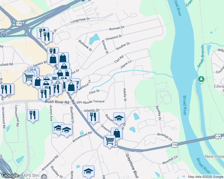 map of restaurants, bars, coffee shops, grocery stores, and more near 1457 Mangum Street in Columbia